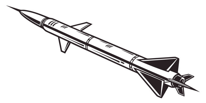 Black and white illustration of a military missile with fins and nose cone air force line art military aerospace trajectory aviation aircraft explosion technology