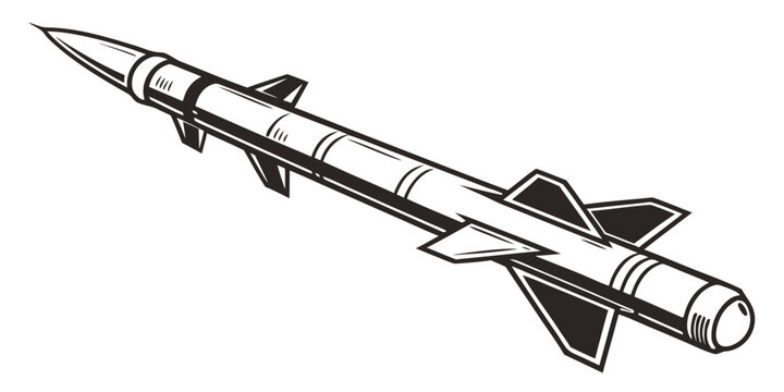 Line art illustration of a military missile or rocket with black and white air force military technology aerospace propulsion projectile illustration security ammunition
