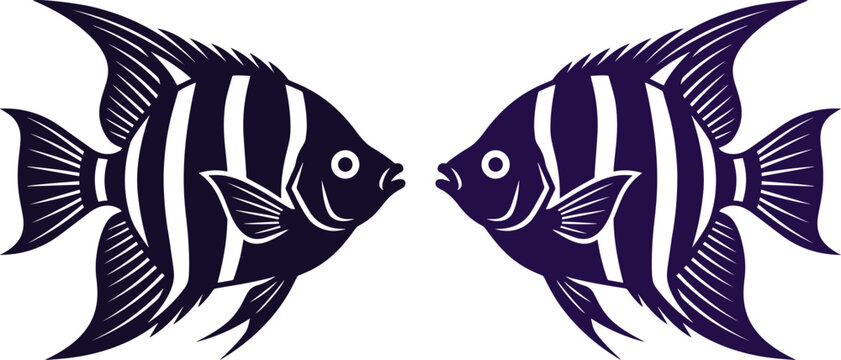 熱帯魚のエンゼルフィッシュのベクターイラスト、向かい合う2匹の魚のシルエット、濃紺色の縞模様が特徴的な海洋生物のグラフィック、水族館やダイビングのデザインに最適なフラットアイコン