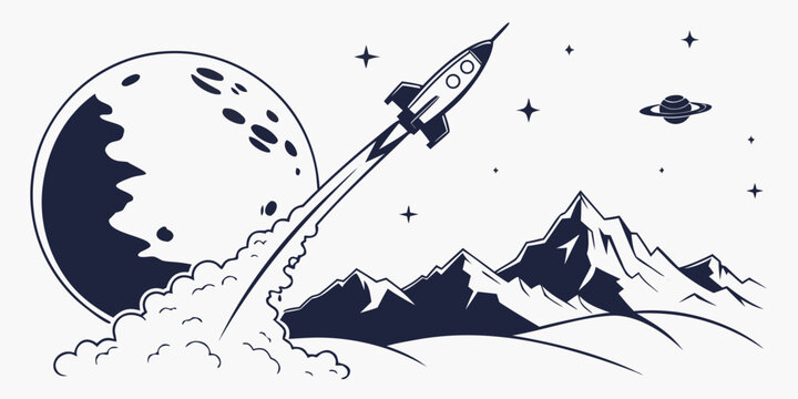 Rocket launch from alien planet with moon mountains rings planet outer space blast off celestial body science fiction mountains landscape universe take off exploration