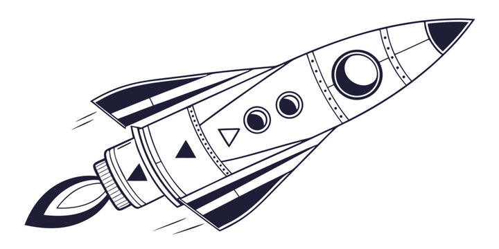 Outline illustration of a retro rocket ship with speed lines line art spacecraft illustration technology exploration minimalist starship spaceship propulsion progress