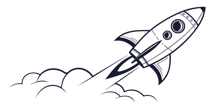 Stylized rocket taking off with exhaust flames and smoke drawing blast off space exploration dark blue take off beginning trajectory technology innovation illustration