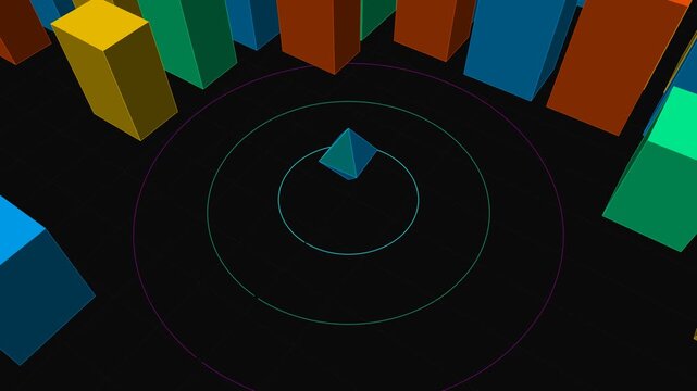 3D Colorful Low Poly Blocks Cityscape with Concentric Circles Animation for Data Visualization and Retro Gaming