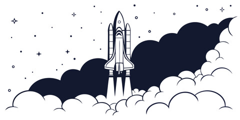 Space shuttle ascending vertically through dense launch smoke clouds against a starry night sky with black white technology propulsion spacecraft exploration engineering © AX