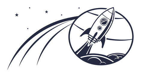 Stylized rocket launching from clouds into starry sky within circular frame graphic with outer space white background illustration progress technology exploration business © AX