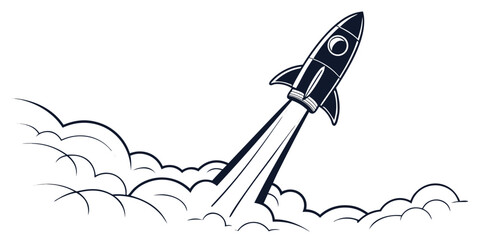 Rocket blasting off through dense smoke clouds illustration graphic with outer space white background progress technology exploration business ambition adventure universe © AX