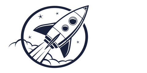 Rocket blasting off with smoke trail into starry sky in circular emblem graphic outer space white background space travel illustration progress technology exploration © AX