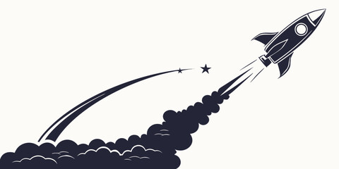 Black rocket with thick smoke trail and shooting star element symbolizing ambitious goals and rapid achievement ambition achievement progress illustration business celestial © AX