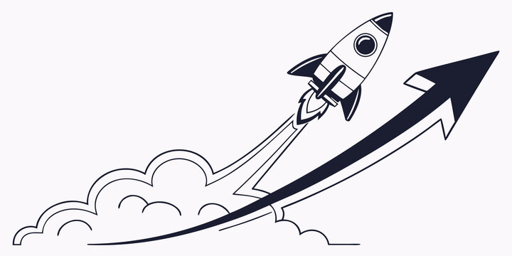 Dynamic outline illustration of a rocket launching upwards amidst clouds of smoke following an upward arrow representing powerful growth and breakthrough success story business