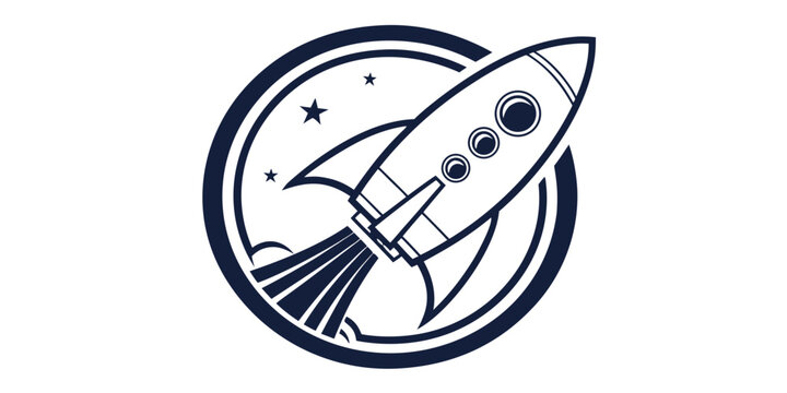 Powerful rocket taking off with exhaust flame into starry space within circular icon graphic outer space white background illustration progress technology exploration
