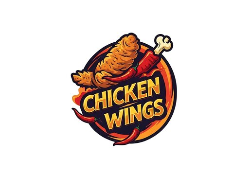 Spicy chicken wings food logo design with red chili peppers and circular emblem