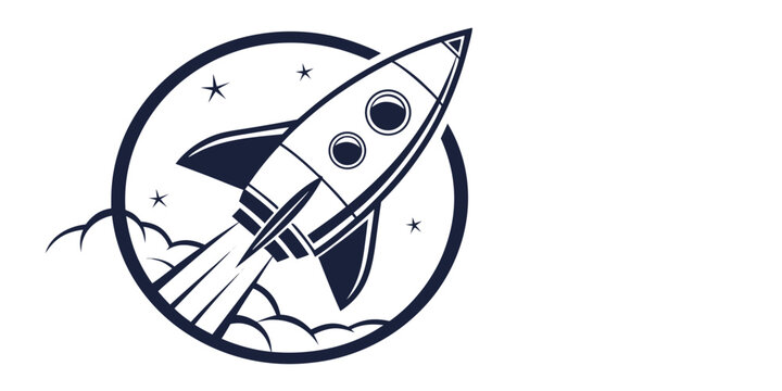 Rocket blasting off with smoke trail into starry sky in circular emblem graphic outer space white background space travel illustration progress technology exploration