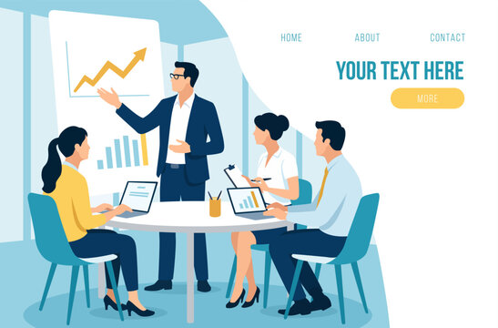 Teamwork. Leader. Team discussing economic performance. Business vector web illustration template.
