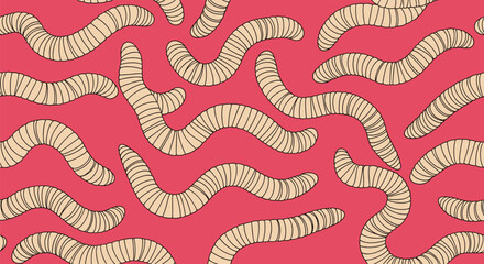 Fototapeta premium Seamless pattern of cartoon tan worms crawling across a vibrant pink background for fun textile design and children.