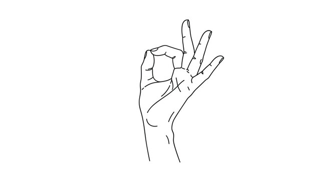 Minimalist line drawing of human hand making the ok gesture with fingers isolated on white background to show agreement.