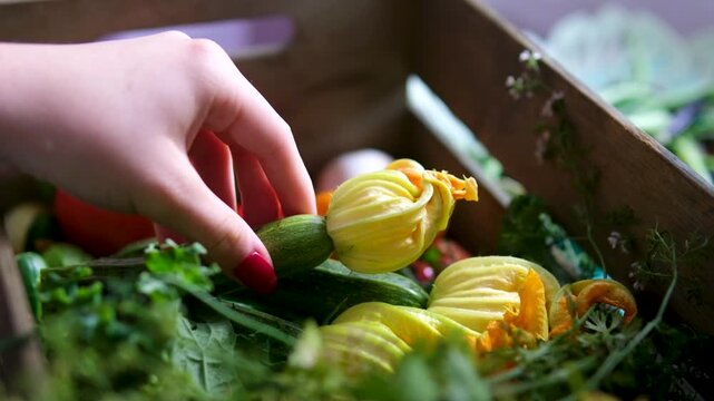 A delicate female hand with red manicure gently takes a zucchini from a wooden crate filled with fresh vegetables. The sunlit harvest scene highlights natural textures and a farm-fresh lifestyle. 