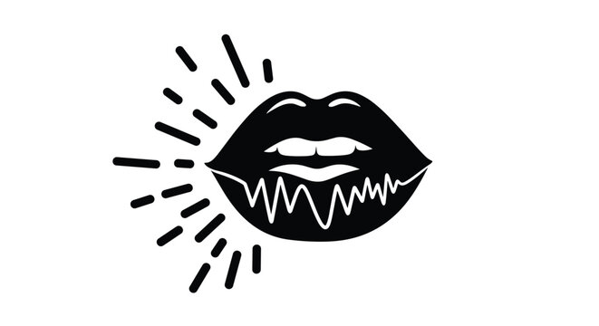 Bold black lips icon with white sound wave detail on white background representing voice or electronic speech concepts.