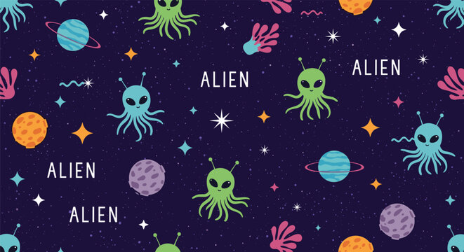 Exciting seamless pattern of cute green and blue alien characters with planets and stars in a deep purple space galaxy.