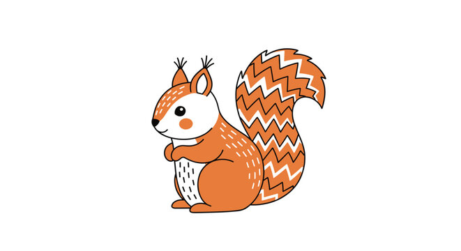 Adorable cartoon squirrel character with orange fur and unique zigzag pattern on its bushy tail isolated on white.