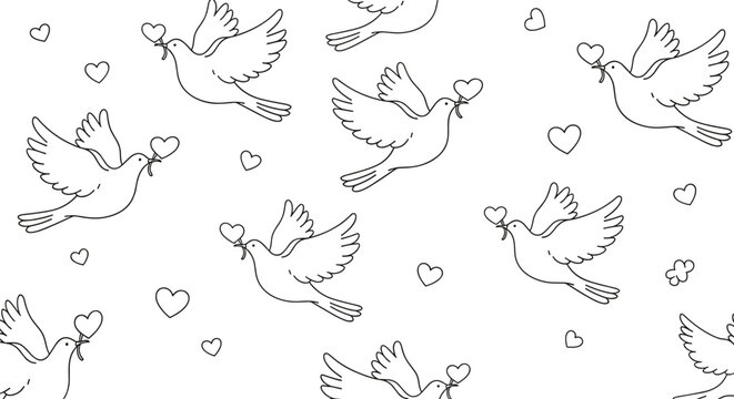 Black and white line art pattern displays numerous doves flying in different directions while carrying small heart shapes in their beaks.