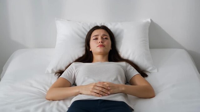 Woman lying on bed with eyes closed and hands on stomach in peaceful relaxation