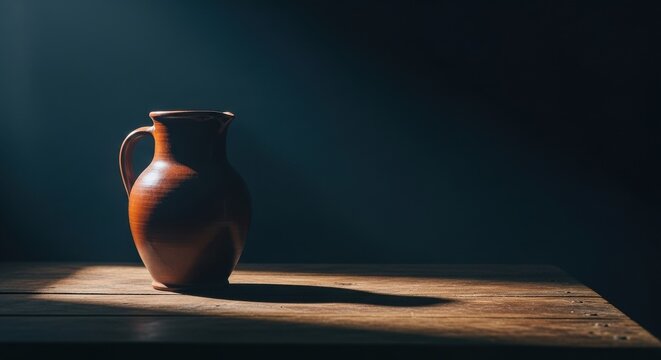 Clay Jug on Wooden Table Dramatic Light
