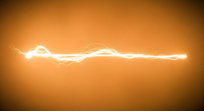 Abstract Electric Arc of Bright Golden Energy Flowing Across a Warm Orange Background Representing Power Technology and High Voltage Lightning Discharge Effect
