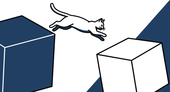 White cat jumping over blue and white cubes, minimalist vector illustration, concept of agility and overcoming obstacles