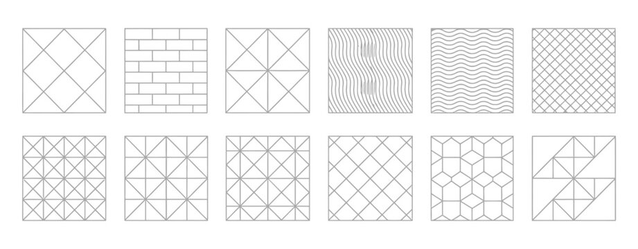  Set of architectural floor pattern swatches and geometric tiling textures in linear style, isolated on white background.