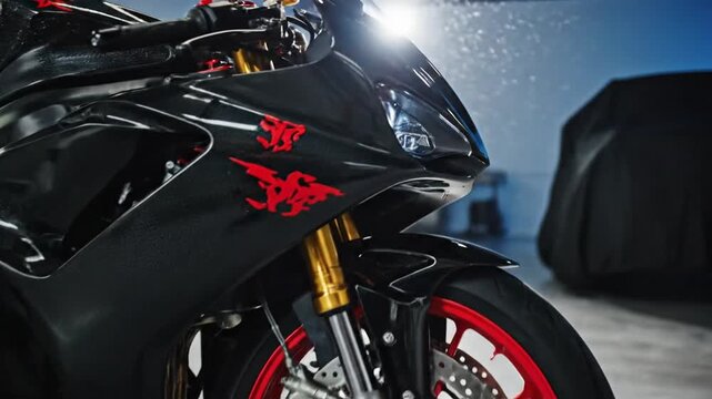 Sleek Black Sport Motorcycle With Red Rims Parked In Modern Garage Studio With Cinematic Lighting