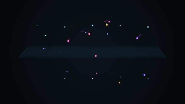 Digital data particles moving across a virtual platform in abstract motion