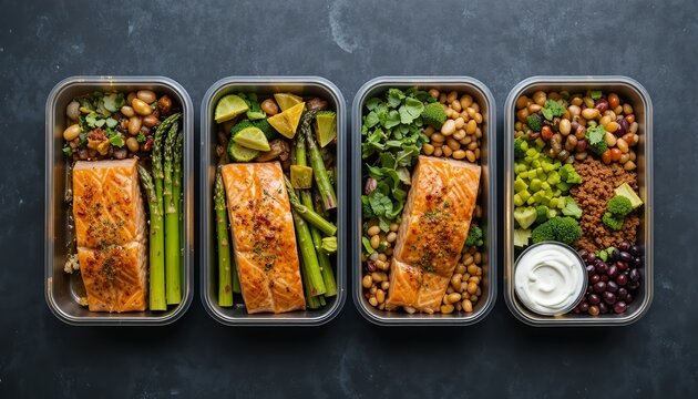 Healthy meal prep containers with grilled salmon, couscous, fresh vegetables, grapes, and creamy sauce, neatly arranged for balanced, nutritious eating