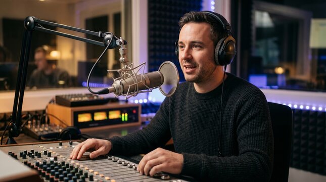 Male radio host wearing headphones speaks into a microphone while adjusting sound levels on a control panel in a modern broadcasting studio