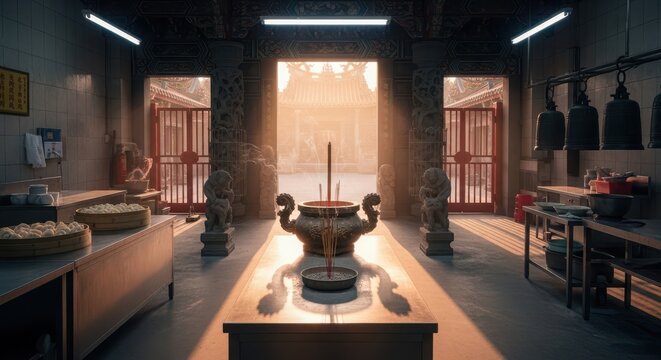 Incense burning in bronze burner inside temple kitchen at sunrise soft light rays.
