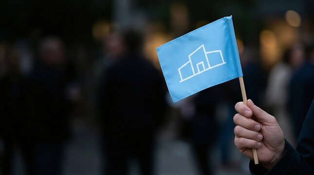 A hand holding a small blue flag with a white outline of a house on it.