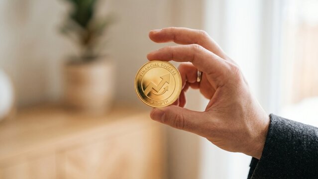 A hand holding a gold coin with an upward arrow represents personal financial growth and investment success. Clean background and soft lighting create a simple, relatable concept.