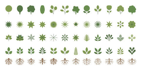 Fototapeta premium Large collection of flat vector tree icons, green leaf symbols, and root systems for architectural landscape design and botanical mapping.