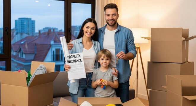 A happy family stands in their new home, surrounded by moving boxes. The parents, a man and a woman, hold property insurance documents and smile at the camera.