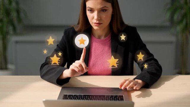 Woman sitting at desk with laptop and rating stars floating around her