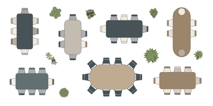  Top view collection of dining table sets, chairs, and indoor office furniture with potted plants for interior floor plan design and architectural layouts.