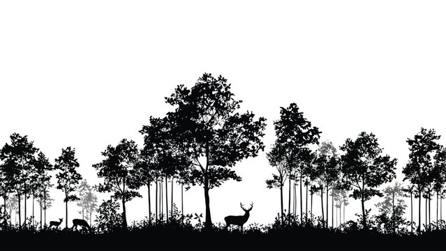 A serene forest silhouette featuring deer gracefully moving through the trees