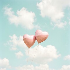 Fototapeta premium Two pink heart balloons floating together against a bright sunny blue sky with fluffy clouds