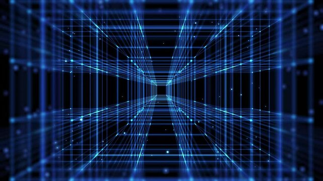 slow motion flight through an cube tunnel with flowing particles in space, blue futuristic technology background for digital business