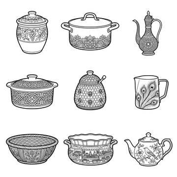 Illustration von verschiedenen Haushaltswaren und Vorratsbeh&auml;ltern &ndash; Schwarz-wei&szlig; Umrisszeichnung von Teekanne, Honigtopf und T&ouml;pfen mit ornamentalen Verzierungen.
