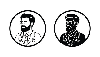 Male doctor profile portrait with stethoscope inside a circle icon in clean line art and solid black silhouette styles for medical branding or hospital staff profile assets in professional vector © Blend