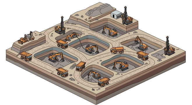 Isometric Industrial Open Pit Mining Site With Excavators Trucks.
