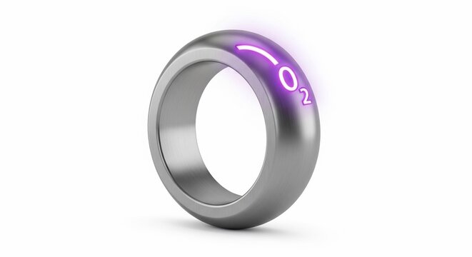 Sleek metallic smart ring with illuminated O₂ symbol, symbolizing advanced health tracking and futuristic wearable technology concept