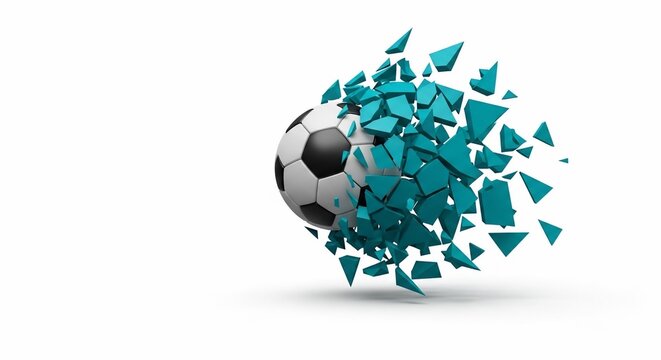 Dynamic soccer ball exploding into a vibrant teal burst of geometric fragments, capturing the intensity and energy of powerful sports impact