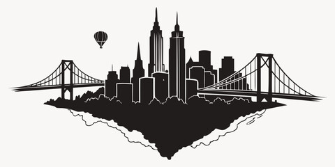 Monochrome cityscape skyline on a floating island with prominent skyscrapers two suspension bridges a hot air balloon suspension bridge science fiction high rise building © AE