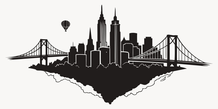 Monochrome cityscape skyline on a floating island with prominent skyscrapers two suspension bridges a hot air balloon suspension bridge science fiction high rise building